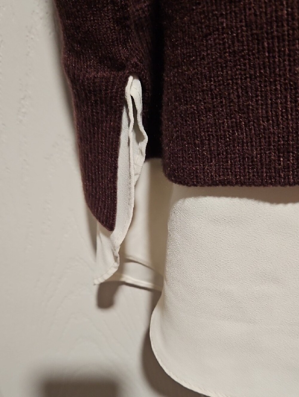 Ann Taylor Men's Dark Brown V-Neck Sweater with Ivory Shirt Hem - Picture 5 of 7